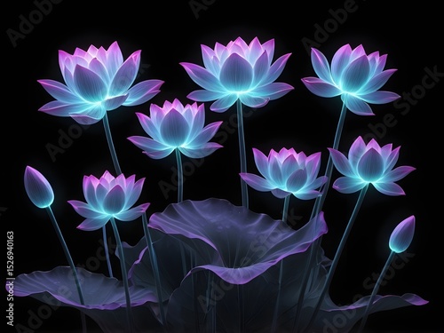 Glowing Ethereal Lotus Flowers in Purple, Pink, Blue, and White with Translucent Leaves on Dark Background, Radiant Spiritual Blooms in Kirlian Electrography Style, Mystical Serene Floral Fantasy
