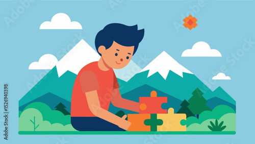 A young boy meticulously arranges puzzle pieces to recreate a scenic mountain view recalling fond memories of family camping trips.. Vector illustration