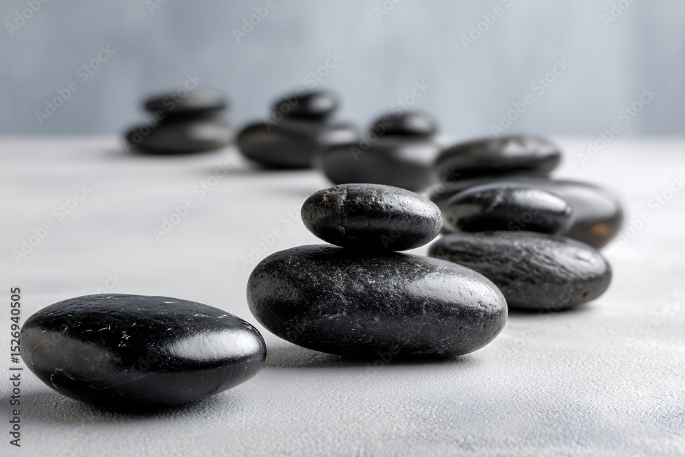 Fototapeta premium Balanced zen stones in minimalist setting on smooth surface
