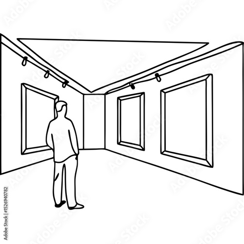 Person Admiring Artwork in Line Art Gallery Interior for Art Blogs, Creative Websites, Gallery Exhibitions, Design Inspiration, and Visual Culture Education  
