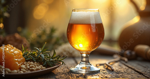 A high-resolution stock photo of golden mead in an elegant goblet on a rustic table, ideal for advertising artisanal beverages and homebrewing.