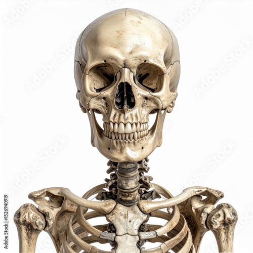 Detailed Human Skull and Upper Skeleton Model Against White Background