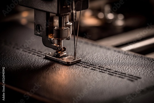 A sewing machine features prominently as it stitches leather fabric in a workshop. The focus highlights the needle and presser foot in action, showcasing craftsmanship