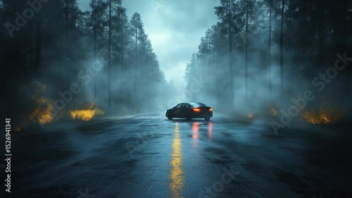 Road to Adventure: A sleek black car journeys along a wet road under a stormy sky. The scene is shrouded in mist and framed by tall trees, suggesting a sense of mystery and anticipation.