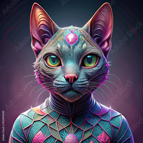 Majestic magical cat, striking and otherworldly, full-face portrait with mystic embellishments.