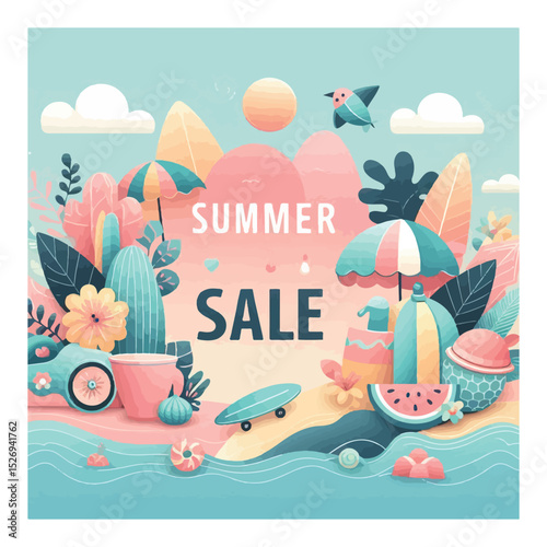 Summer Sale sign, text, banner, poster, sticker with summer, beach things design
