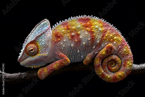a colorful exotic chameleon reptile lizard displays vibrant texture and camouflage while resting on a tree branch in nature