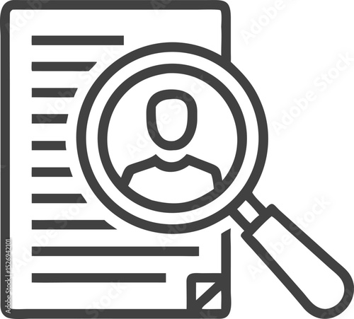  Icon of a magnifying glass hovering over a resume (CV), symbolizing recruitment and hiring, minimalist vector style.