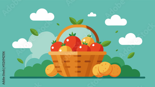 A basket containing only a couple of bruised tomatoes and a handful of potatoes a reminder of the higher prices farmers must charge due to increased expenses.. Vector illustration