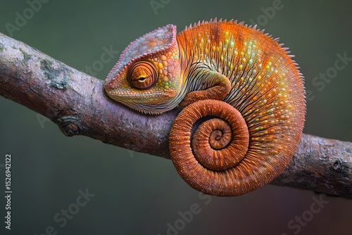 a colorful exotic chameleon reptile lizard displays vibrant texture and camouflage while resting on a tree branch in nature