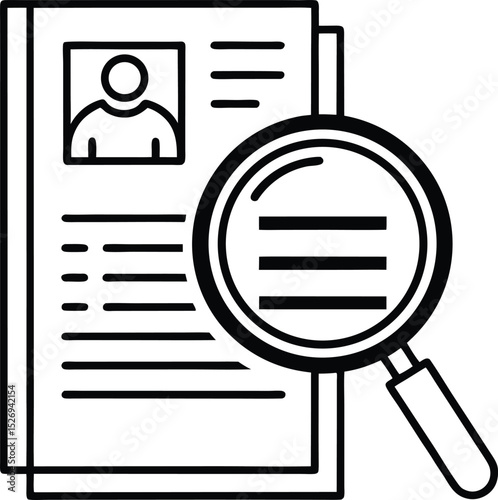  Icon of a magnifying glass hovering over a resume (CV), symbolizing recruitment and hiring, minimalist vector style.