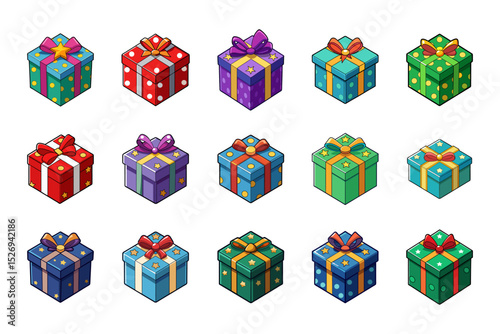 Christmas gifts set. New Year presents, gift boxes with ribbons. Gift box or present wrapped in colorful decoration paper. Vector