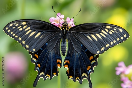 a vibrant butterfly insect with colorful wings lands on a blooming flower, showing nature’s delicate pollinator in close-up detail