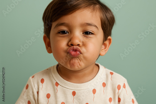Playful toddler making a funny pouty face in patterned shirt against mint green background, joyful childhood expression