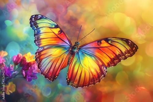 a vibrant butterfly insect with colorful wings lands on a blooming flower, showing nature’s delicate pollinator in close-up detail