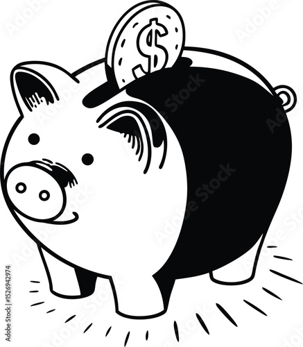  icon of a piggy bank with a gold coin going into it, soft shadows, representing savings and investment, isolated on white.