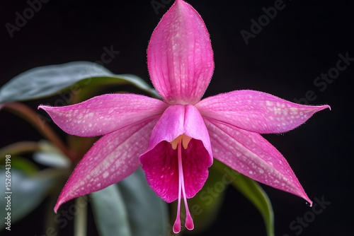 a pink fuchsia tropical flower orchid in full bloom reveals delicate petals and stamen in a stunning close-up of nature