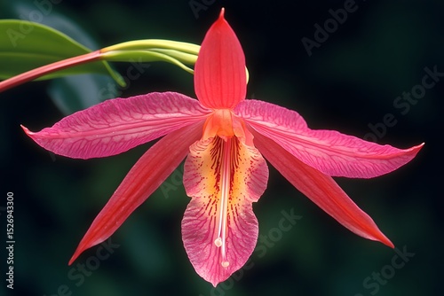a pink fuchsia tropical flower orchid in full bloom reveals delicate petals and stamen in a stunning close-up of nature