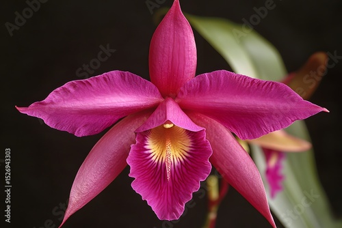 a pink fuchsia tropical flower orchid in full bloom reveals delicate petals and stamen in a stunning close-up of nature