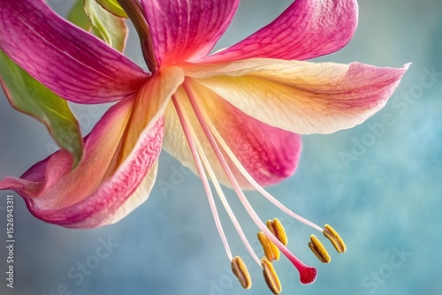 a pink fuchsia tropical flower orchid in full bloom reveals delicate petals and stamen in a stunning close-up of nature