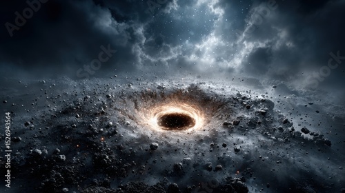 A massive black hole dominates the center of an ominous space scene, encircled by swirling cosmic dust and rocky debris under dark clouds. Light struggles to penetrate the gravity.
