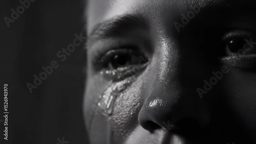 A powerful black and white image of a tear rolling down a human eye, evoking deep emotion.