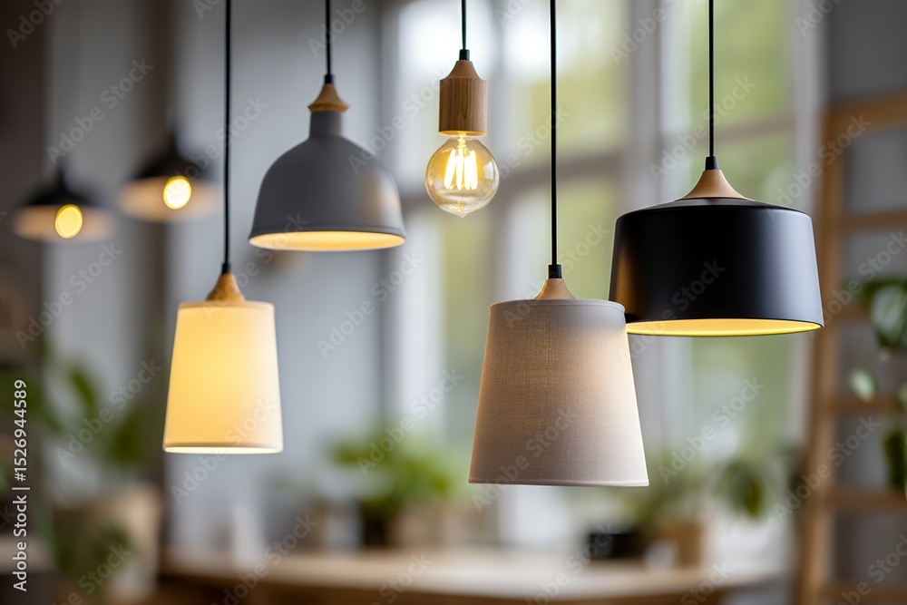 Obraz premium Modern pendant lamps illuminating cozy interior space with warm lighting