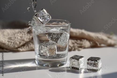 Metal ice cubes splashing into glass of water on white table