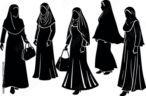 Silhouetted Women in Hijab, Modest Fashion Illustration in Vector Format