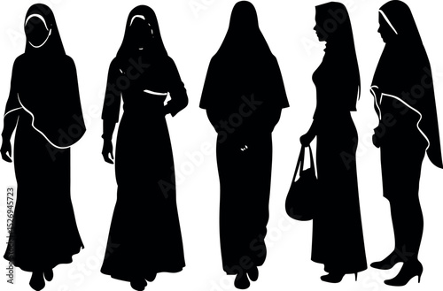 Five Silhouette Renderings of Women Wearing Traditional Islamic Hijab Dress