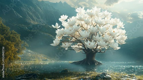 A tree with white flowers in the middle of a lake