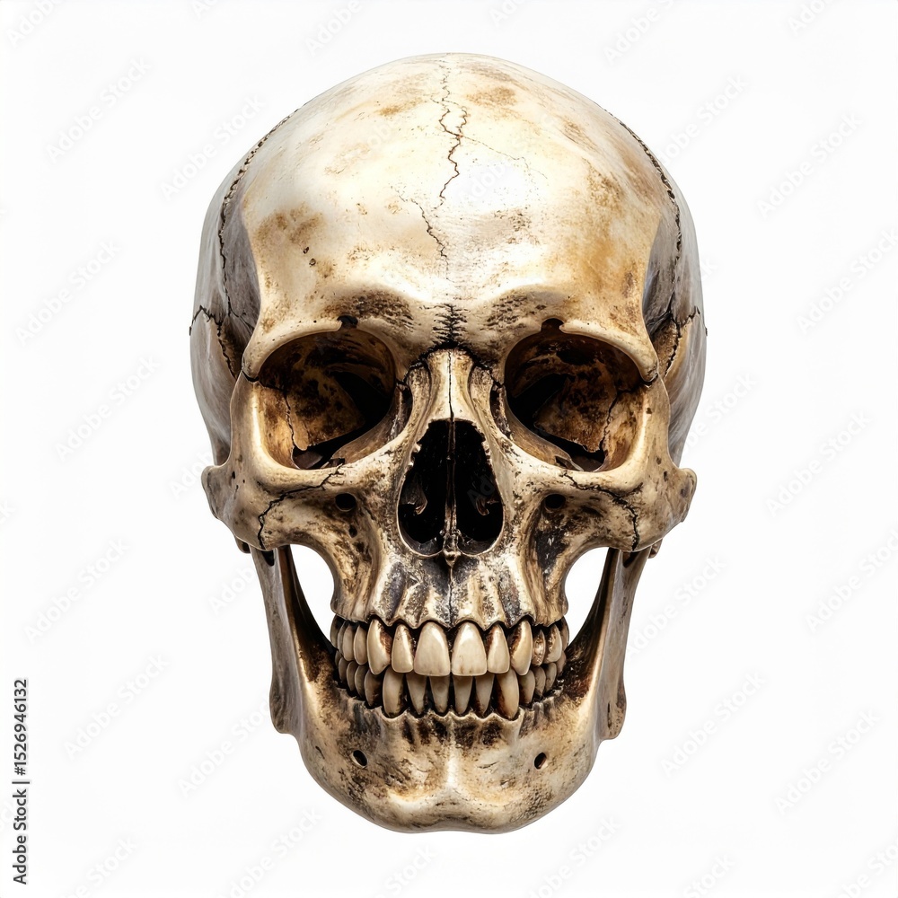 Obraz premium Detailed Human Skull, Pale Bones Anatomy, Isolated on White