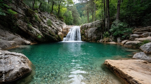 A beautiful waterfall flows into a clear turquoise pool, framed by smooth rocks and vibrant green trees. Sunlight filters through the leaves, creating a peaceful atmosphere.