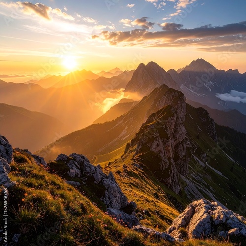 Majestic Mountain Range at Sunrise with Golden Light