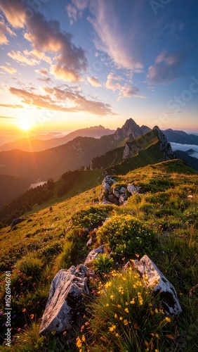 Majestic Mountain Range at Sunrise with Golden Light