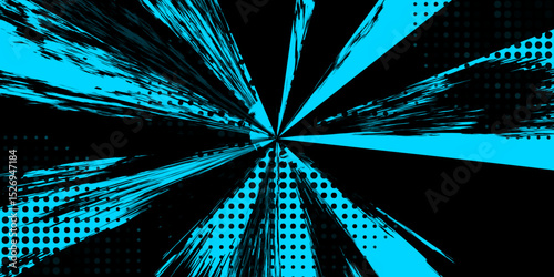 Abstract Dynamic Grunge Halftone Comic Explosion Burst in Blue and Black.