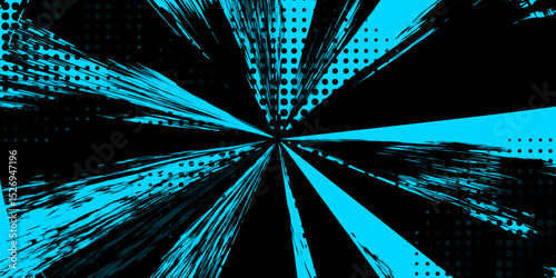 Abstract Dynamic Grunge Halftone Comic Explosion Burst in Blue and Black.