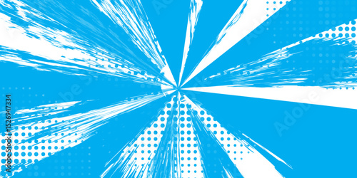 Abstract Dynamic Grunge Halftone Comic Explosion Burst in Blue and White.