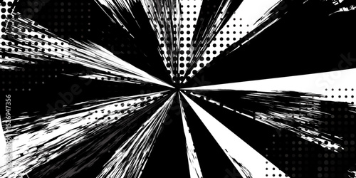 Abstract Dynamic Grunge Halftone Comic Explosion Burst in Black and White.