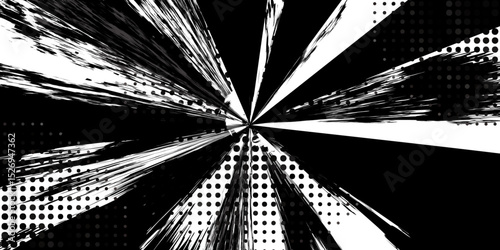 Abstract Dynamic Grunge Halftone Comic Explosion Burst in Black and White.