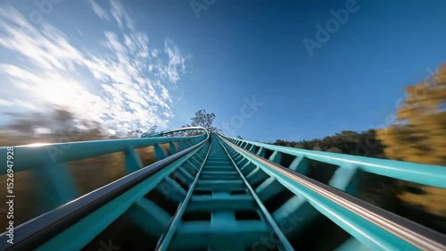 Intense first-person view of a roller coaster on a sunny day, evoking thrills and excitement.