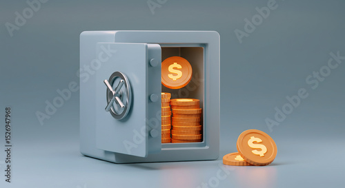 A 3D rendering of a light blue safe with its door ajar, revealing stacks of golden coins with dollar signs. One coin rests outside the safe, emphasizing financial security and wealth.