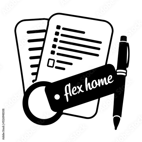 Silhouette of keychain with "flex home" beside document and pen, lease signing concept