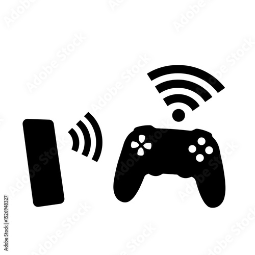 Silhouette of wireless signals linking phone and game controller, network play concept