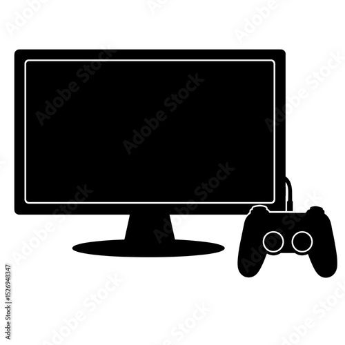 Silhouette of console and monitor with controller, black and white tech illustration