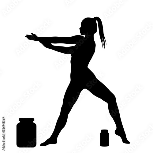 Silhouette of athlete stretching with supplement bottles, fitness and nutrition