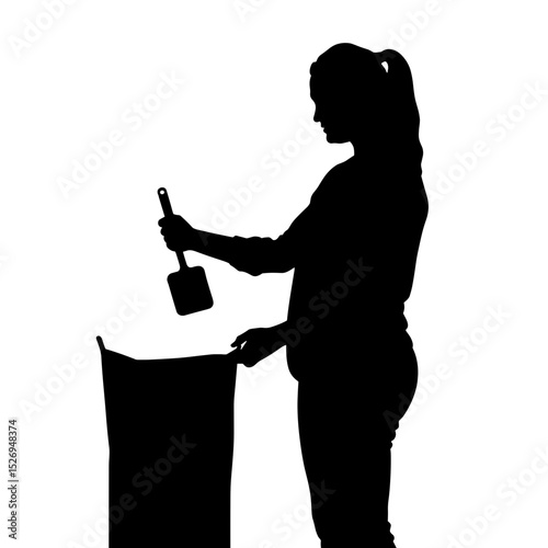 Silhouette of person with scoop over bag on white background, eco-friendly recycling