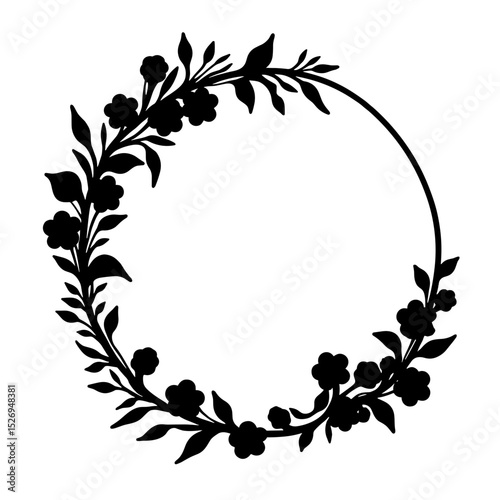 Black and white floral wreath silhouette on white background, modern decor