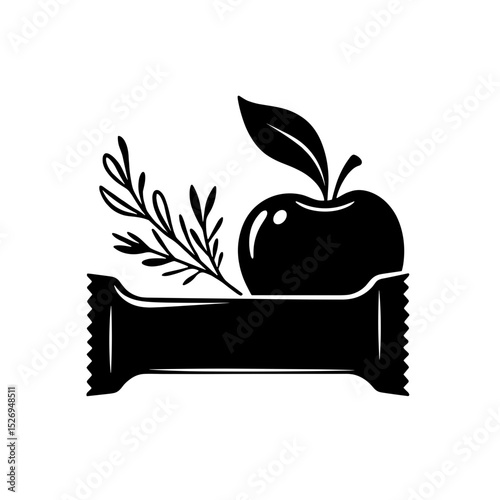 Silhouette of energy bar with apple and herbs on white background, natural ingredients