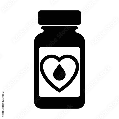 Silhouette of medication bottle with heart and blood drop, cardiovascular wellness icon